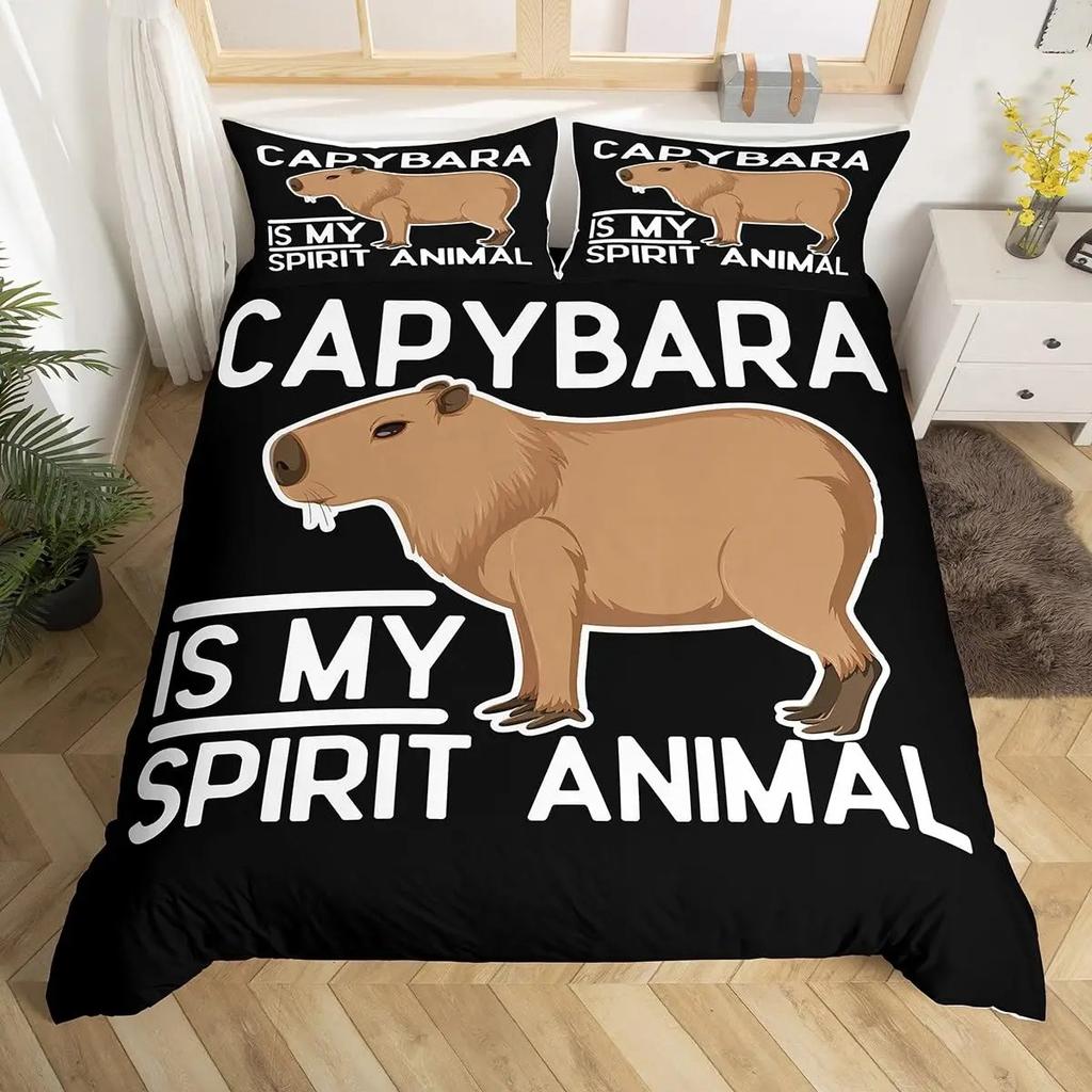 Cute Capybara Print Bedding Sets Full Kawaii Honey Bee Comforter CoverCartoon Animals Bed Set Red Love Heart Print Duvet Cover