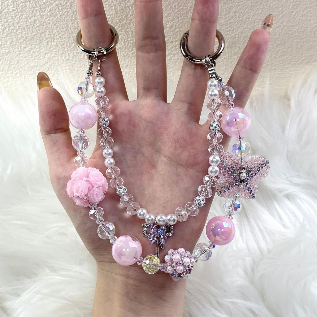 Fashion Sugar Butterfly Mobile Phone Chain Female Trend Transparent Color Beaded Bag Pendant