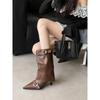 2025 Autumn European and American Style Belt Metal Buckle Pointed Head High Heel Wide Tube Thin Heel Boots