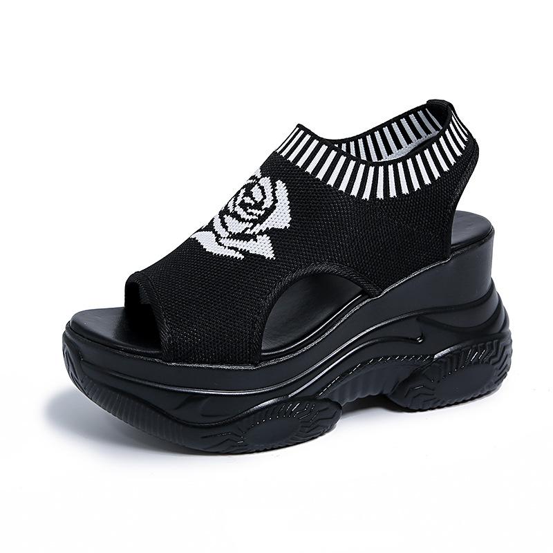 Plattform-Keilsandalen für Damen in Übergröße, atmungsaktives Geflecht, Fischmaul, elastisches Fußbett, leichte und bequeme Sandalen