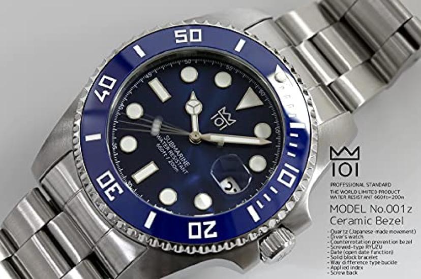 HYAKUICHI 101 Men's 20 ATM Water Resistant Dive Watch with Ceramic Bezel, Calendar, and Metal Band (Blue X Blue)