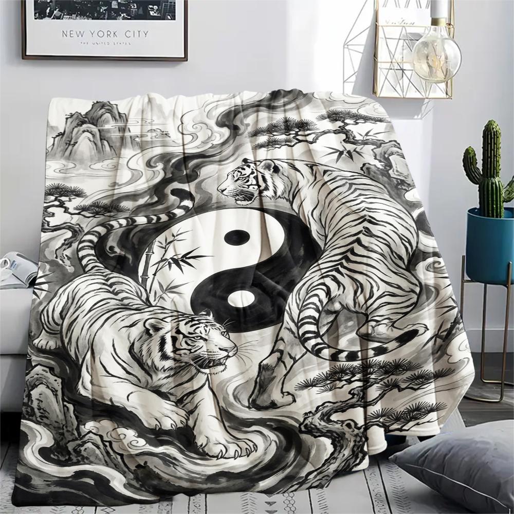 1Pc Tai Chi Animals Print Flannel Blanket, High quality Comfortable for All Seasons, Home Decor, Warmth and Comfort, Perfect for Christmas Gifts W106