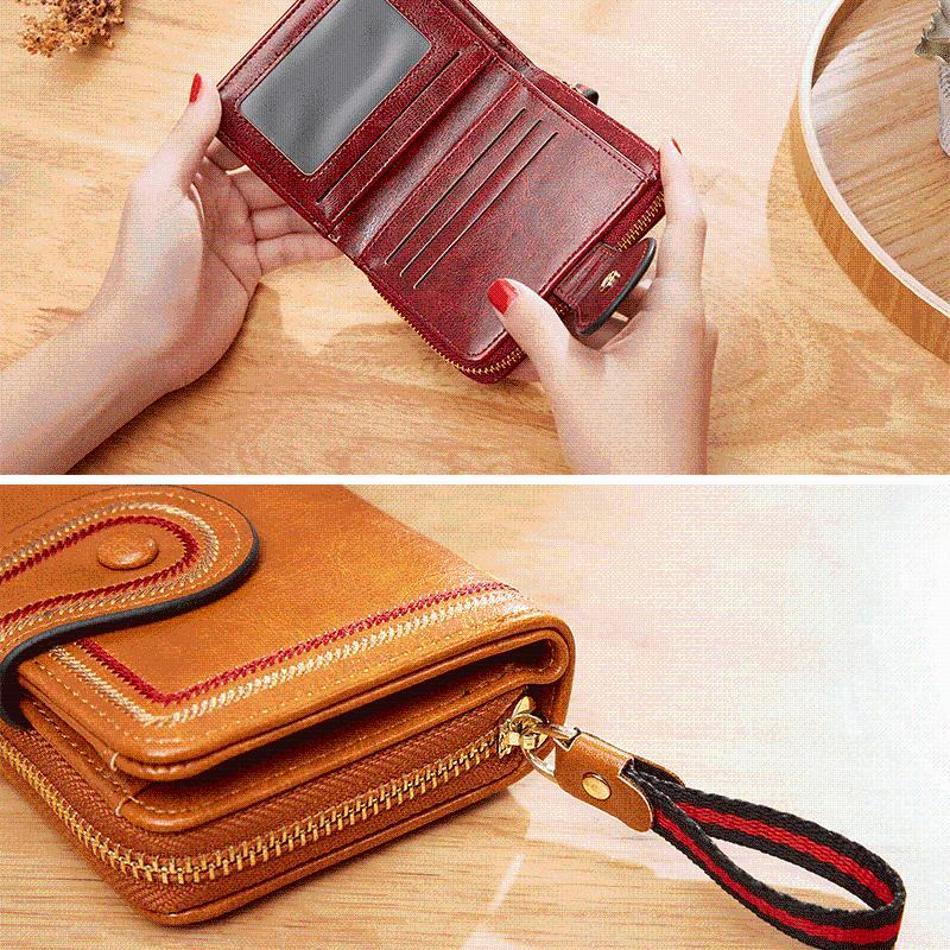 1 buc Portofel scurt cu fermoar pentru femei Transfrontalier Retro Piele cu ceară de ulei European și American Multi-slot Organizator Carduri
