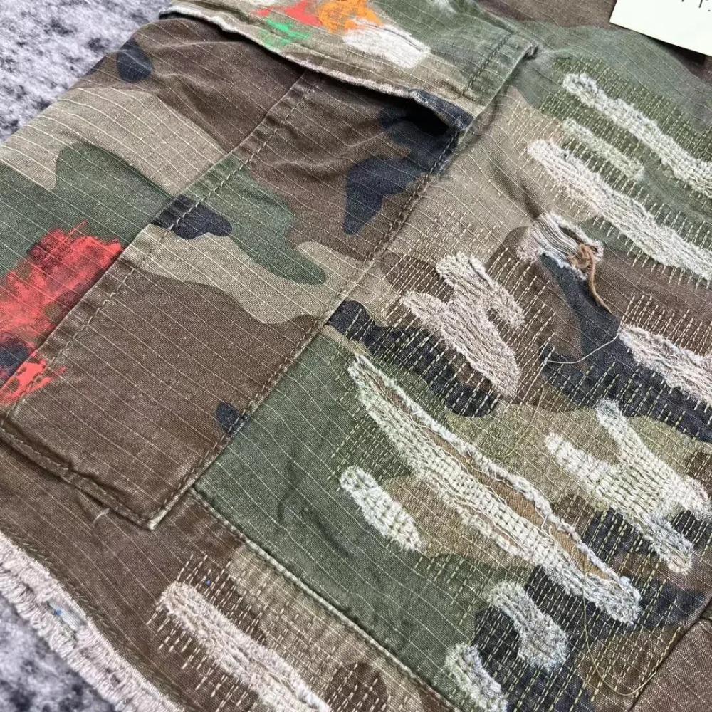 ZYLLO Summer Fashion Camouflage Splicing Leather Letter Washed Retro Knee Jeans Men Women Shorts