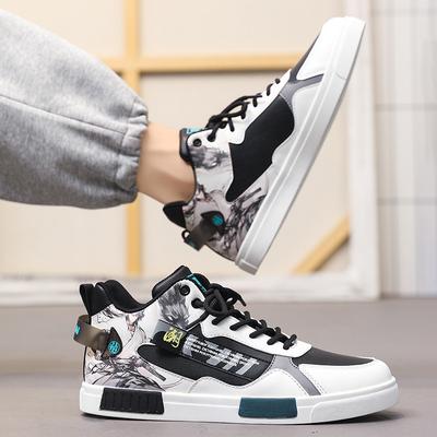 Guochao Men's Shoes Large Size 47 Spring Student High-top Tooling Shoes Men's 46 Graffiti Little White Board Shoes Men's Solid Sole 45