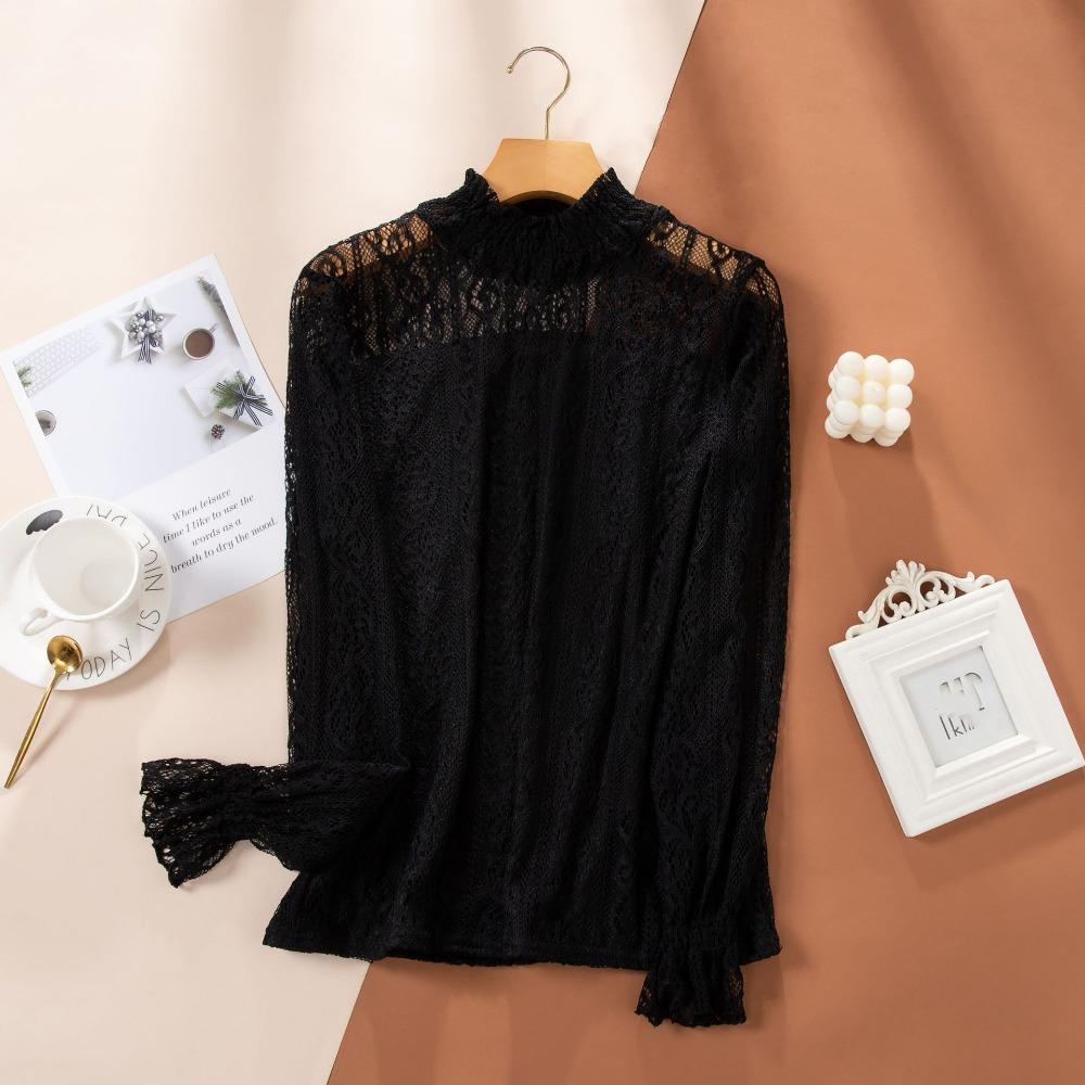 

Прозрачный топ с длинными рукавами, пуловер, кружевная сетка, футболки, лето L чёрный