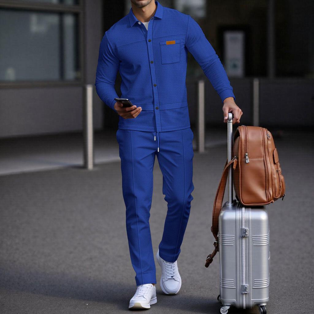 Men's Casual Waffle Knit Set: Solid Color Cardigan Jacket and Long Pants