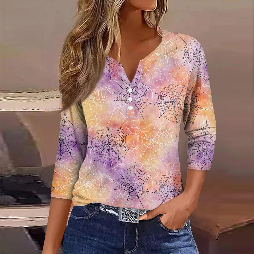 Top T-shirt da donna con scollo a V, bottoni, maniche a tre quarti, per Halloween