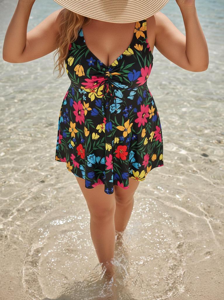 Europejski i Amerykański Zestaw Spódniczka Tankini Kwiatowa Plus Size - Czarny.