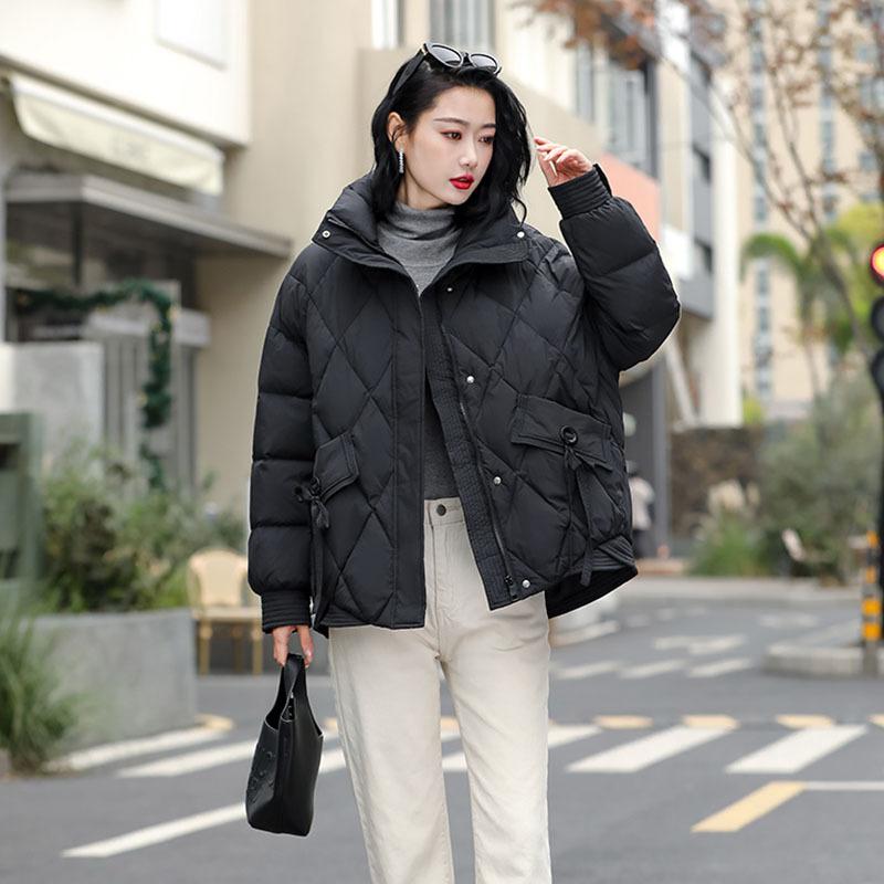 Rhombus short down jacket women's 2024 winter fashion retro white duck down thickened small stand-up collar thin coat