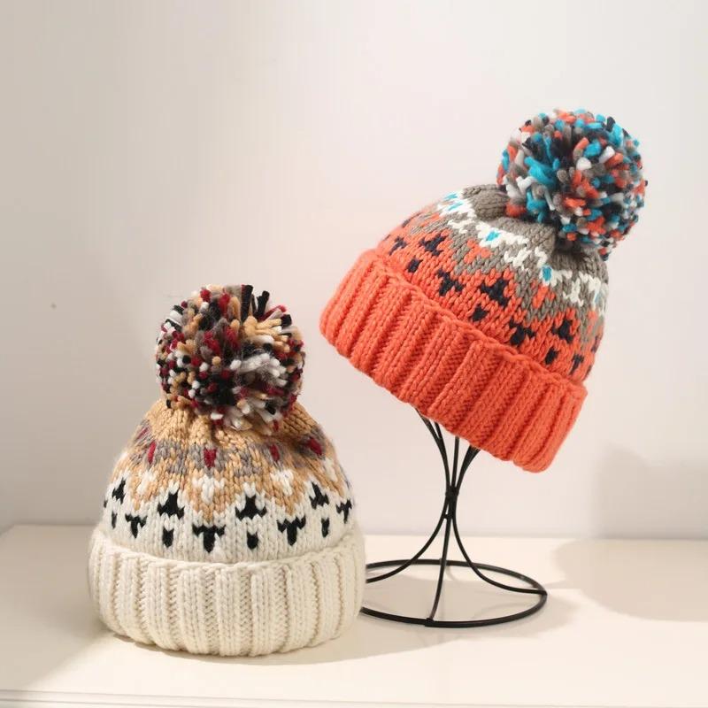 Fashion Cute Print Embroidery Beanies Hats for Women Men Winter Warm Pompom Baggy Knit Hat Bonnet Caps
