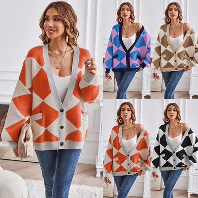 Zimní dámský svetr Cardigan s výstřihem do V Geometrické sestřihy Clashing Barvy Pletený Cardigan Ležérní Volná bunda