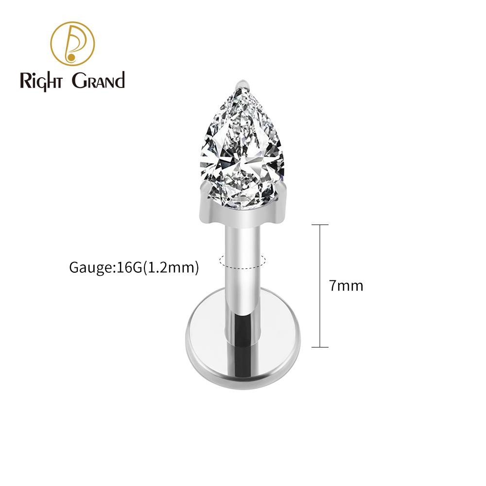Titanio G23 ASTM F136 Lágrima Gota de Agua CZ Rosca Interna Stud para Labret Tragus Monroe Cartílago Hélice Piercing de Oreja