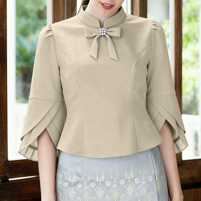 ZANZEA Women Casual Stand Collar 3/4 Sleeve Elegant Loose Blouse