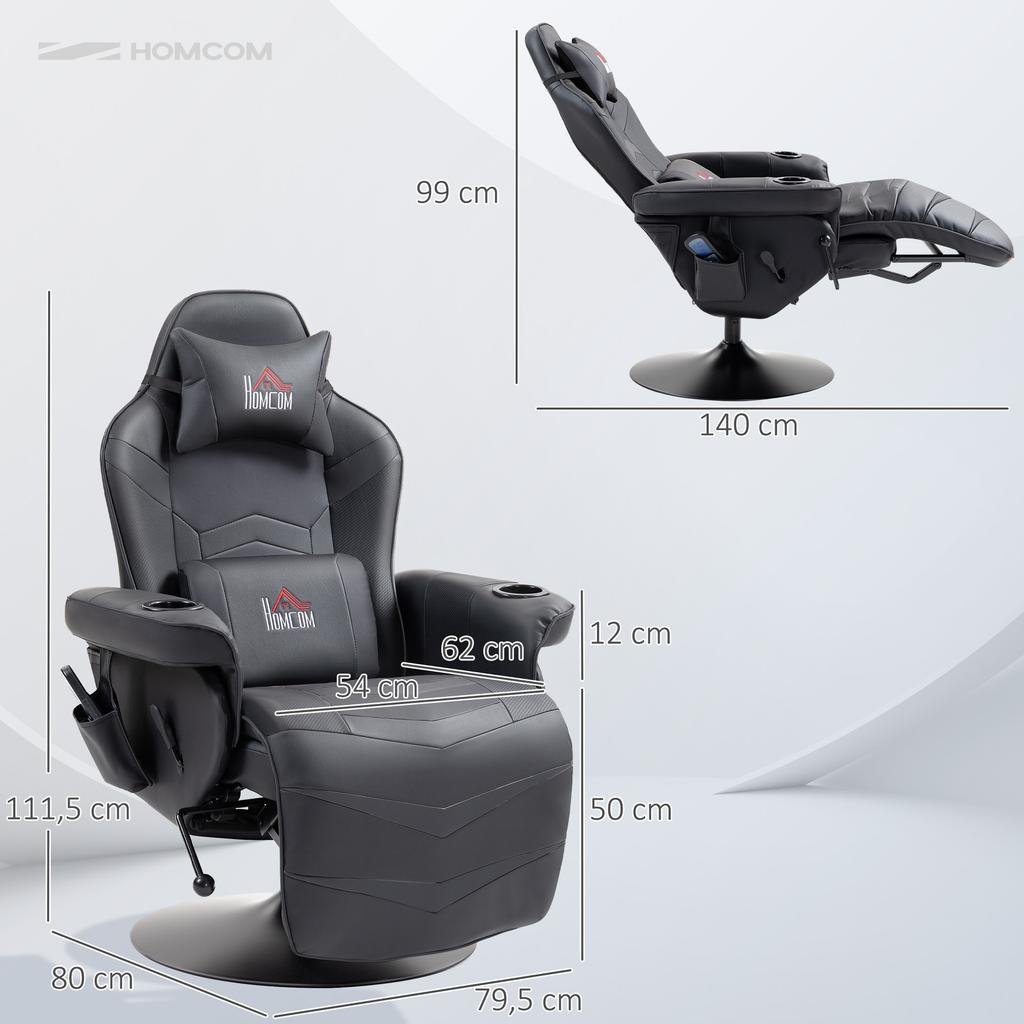 Chaise de Gaming, Fonction Massage, Dossier Inclinable, Repose-pieds, jusqu'à 120 kg, Cadre en Acier, Similicuir, Noir
