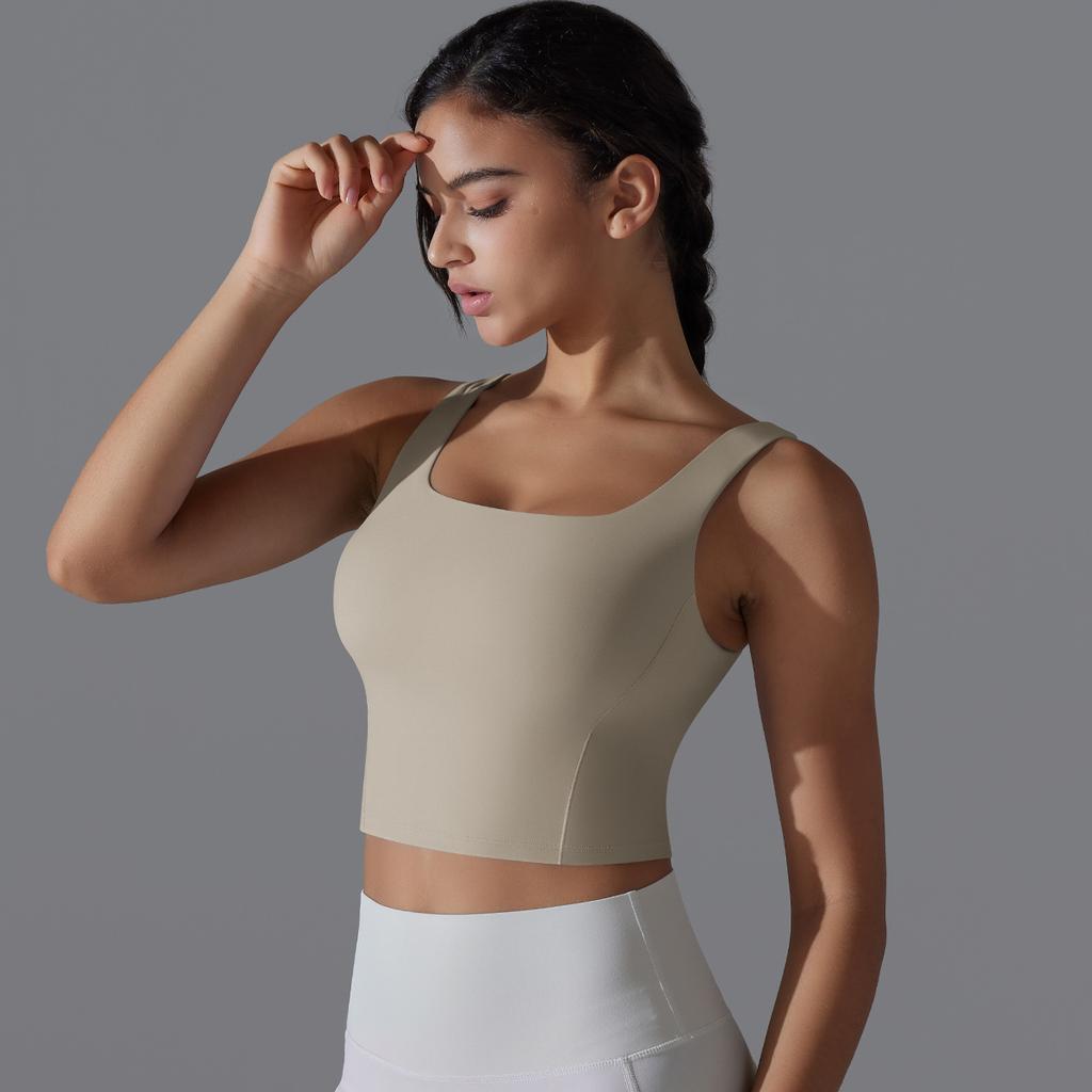 New Naked One Piece Fixed Cup Yoga Clothing For Women, Sleeveless Short Sports Underwear, Wide Shoulder Strap Yoga Tank Top