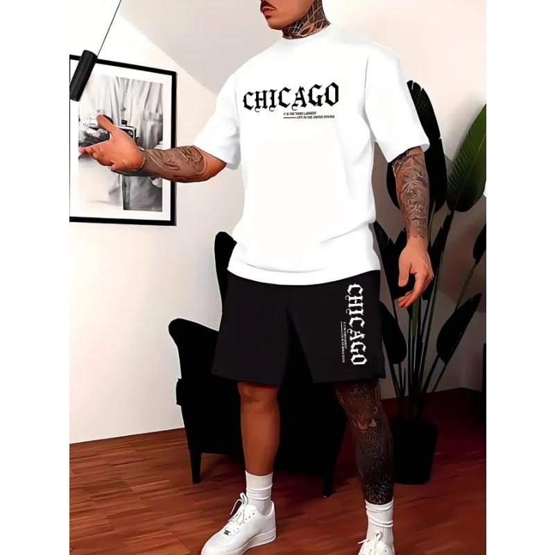 Pantaloni scurți cu mâneci scurte Costum de vară Tricou bărbați Imprimare tendință Costum pentru bărbați cu gât rotund cu Gangster Frumos costum din două piese