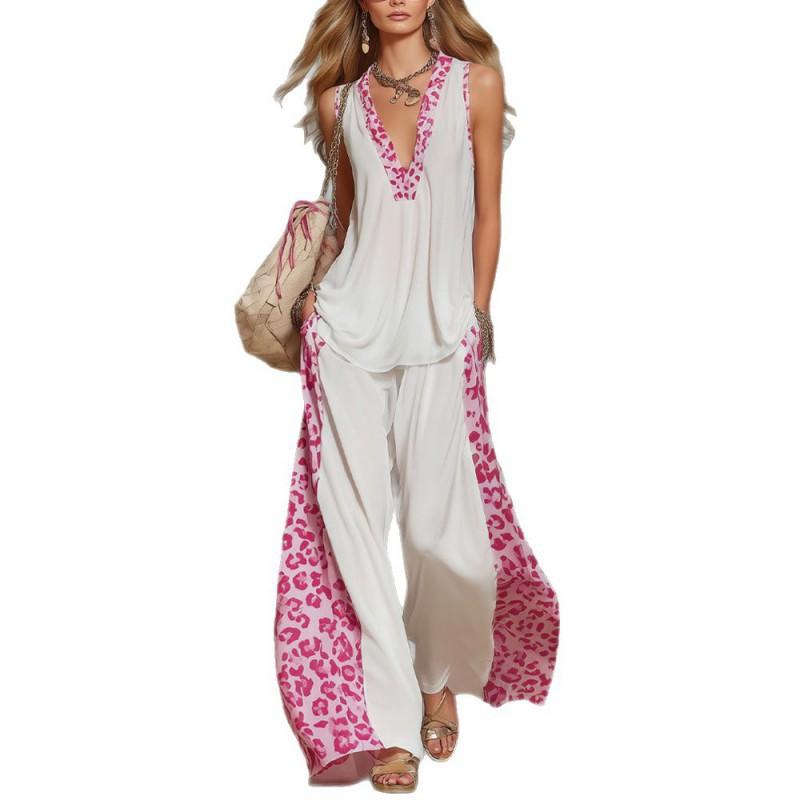 Women's Printed Stitching Trendy Wide Legs Slimming Design Personalized Street Style Comfortable Suit