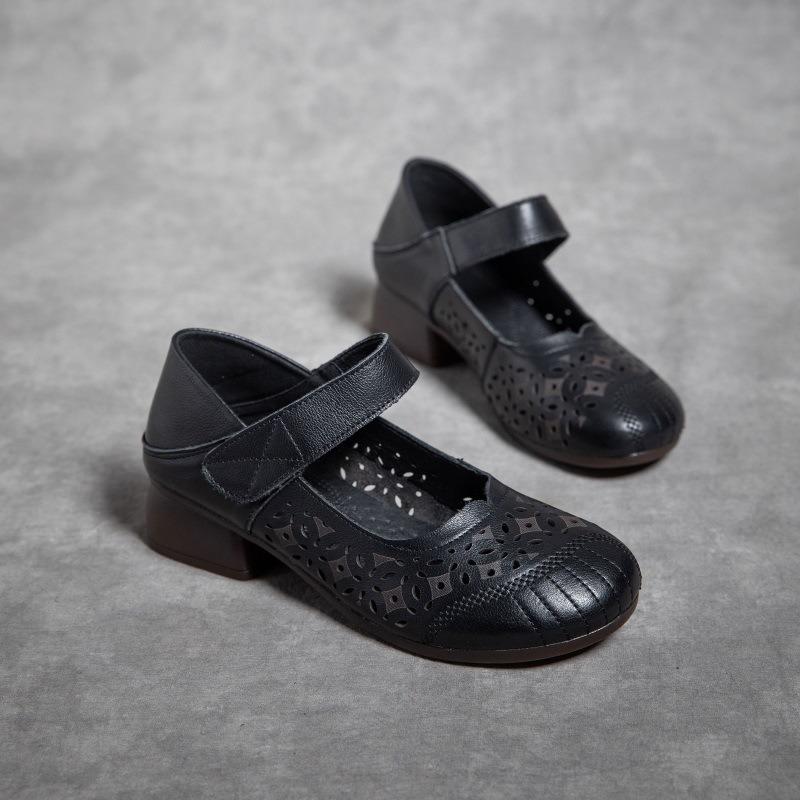 

Летние новые сандалии для мамы среднего возраста кожаный толстый каблук полые повседневные на липучке сандалии на мягкой подошве из говяжьей кожи 41 чёрный