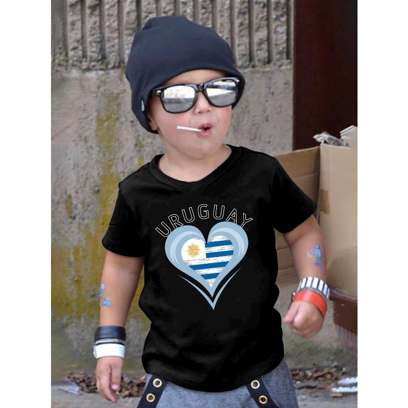 European Size Boys Round Neck Short Sleeved T Shirt with Football Themed Heart Pattern Print 98cm чёрный