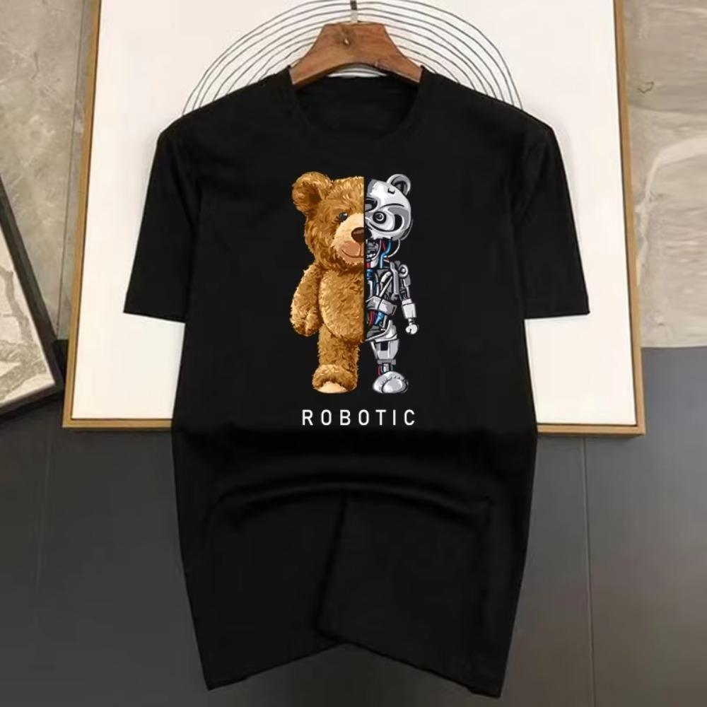 

летняя футболка с принтом робота-медведя в стиле харадзюку, забавная футболка для мужчин, футболка с коротким рукавом, повседневная белая футболка, женская модная одежда XXXXXL чёрный