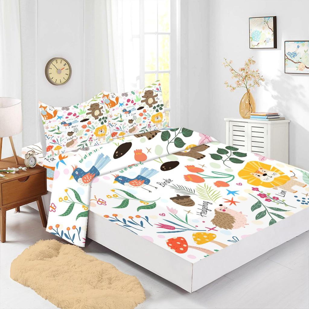 Cartoon Animal Cute Fox Bear Lion Pattern Mattress Four-Piece Set Bedroom Dormitory Bedding Decoration