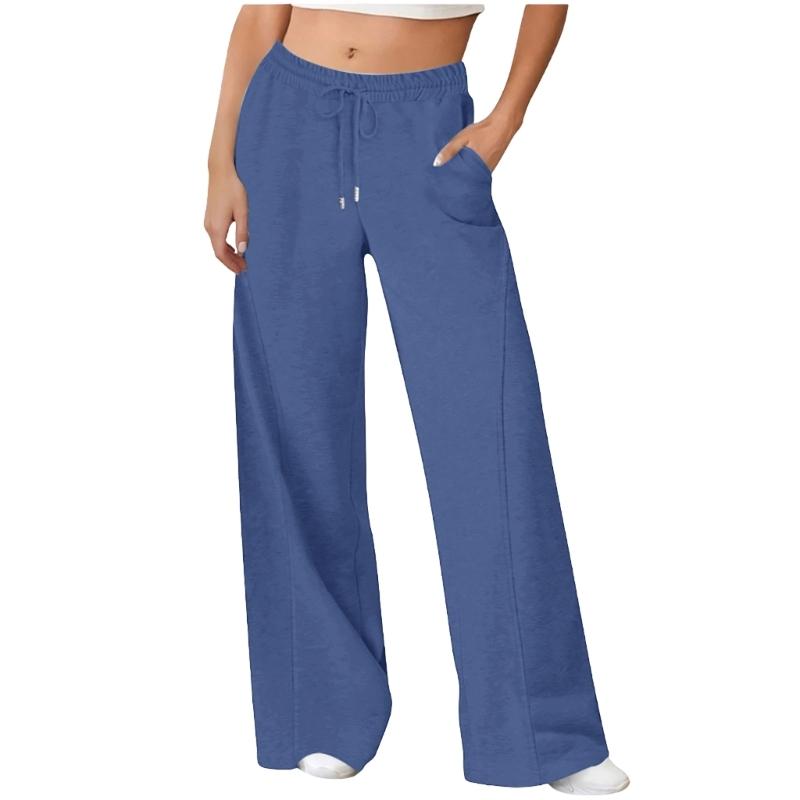Women's Casual Wide Leg High Waist Pants Including Elastic Drawstring And Side Pockets For Lounging And Daily Activity