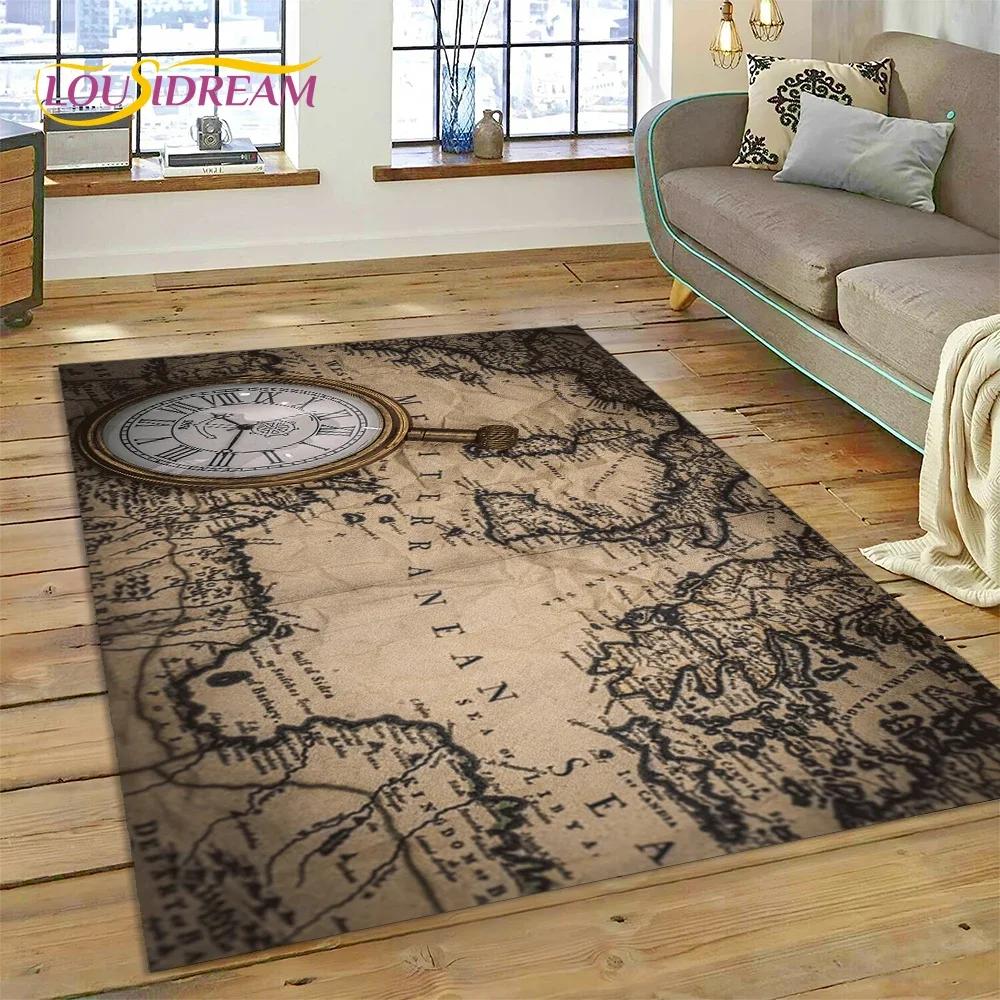 3D Oude Zeekaart Wereldkaart Kompas Tapijt Tapijt voor Slaapkamer Woonkamer Bank Decoratie, Kinderspel Grote Decoratieve Vloermat