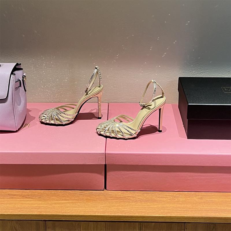 Package Foot Rhinestones 2025 Summer New Round Head Hollow Stiletto Sandals Feminine Temperament Banquet Princess Shoes High Hee