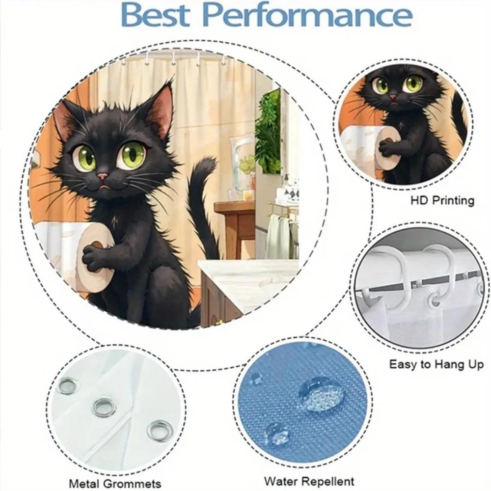 1Pc Black Cat Toilet Paper Shower Curtain - Green Eyes, Slightly Annoyed, Earthy Tones, Polyester, Humorous Design