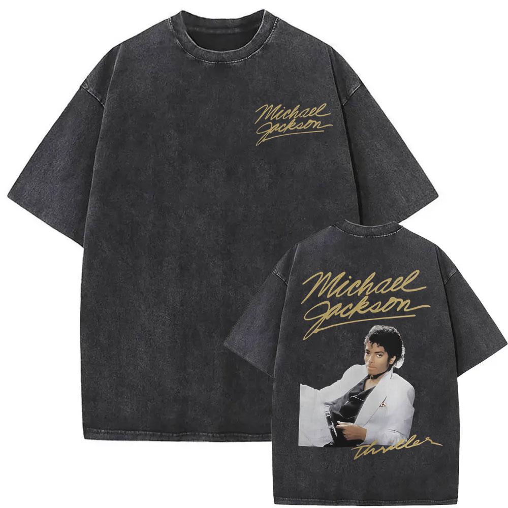 Michael Jackson King of Pop MJ Vintage Washed T-Shirt Herren Damen High Street Gothic Klassisches T-Shirt Sommer Oberteile Hip Hop T-Shirt