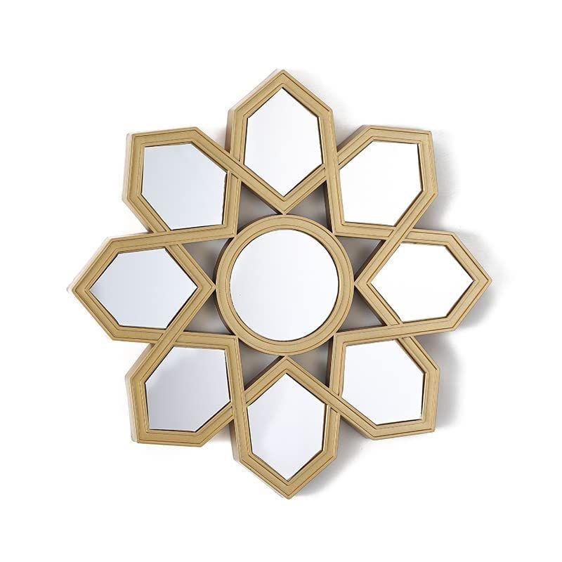 1 Pcs Round Geometric Flower Shape Fiber Wall Mirror with Acrylic Golden Aesthetic Frame with Hook for Hanging