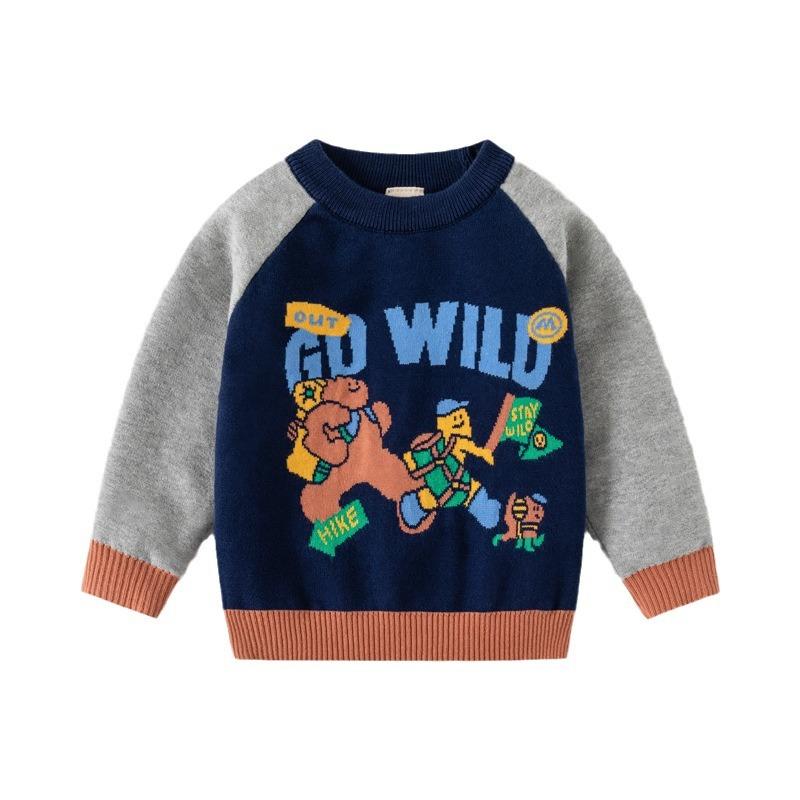 Autumn New Mountain Children's Clothing Boys Double-layer Cotton Thread Bear Holiday Pullover Sweater Children's Shoulder Sleeves Thick Top