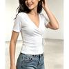 Women V Neck Wrap Front Drawstring Side Short Sleeve Slim Fit Casual T Shirt Tops