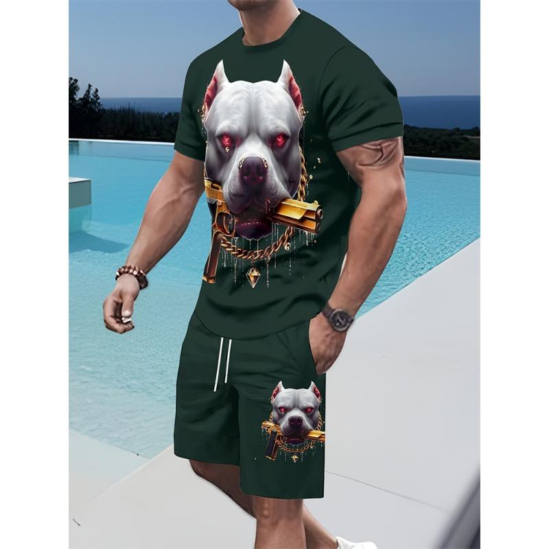 Fashion Lion 3D Print Men's Set Summer Crew Neck Short Sleeve Top & Breathable Shorts Streetwear Casual Two-Piece Set