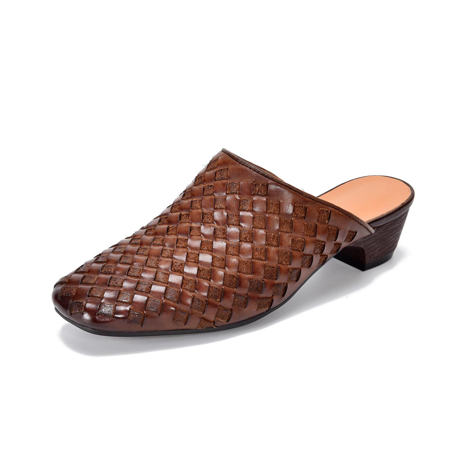 Johnature Handmade Woven Genuine Leather Outdoor Mid Heeled Slippers Retro Commuter Women s Shoes 35 коричневый