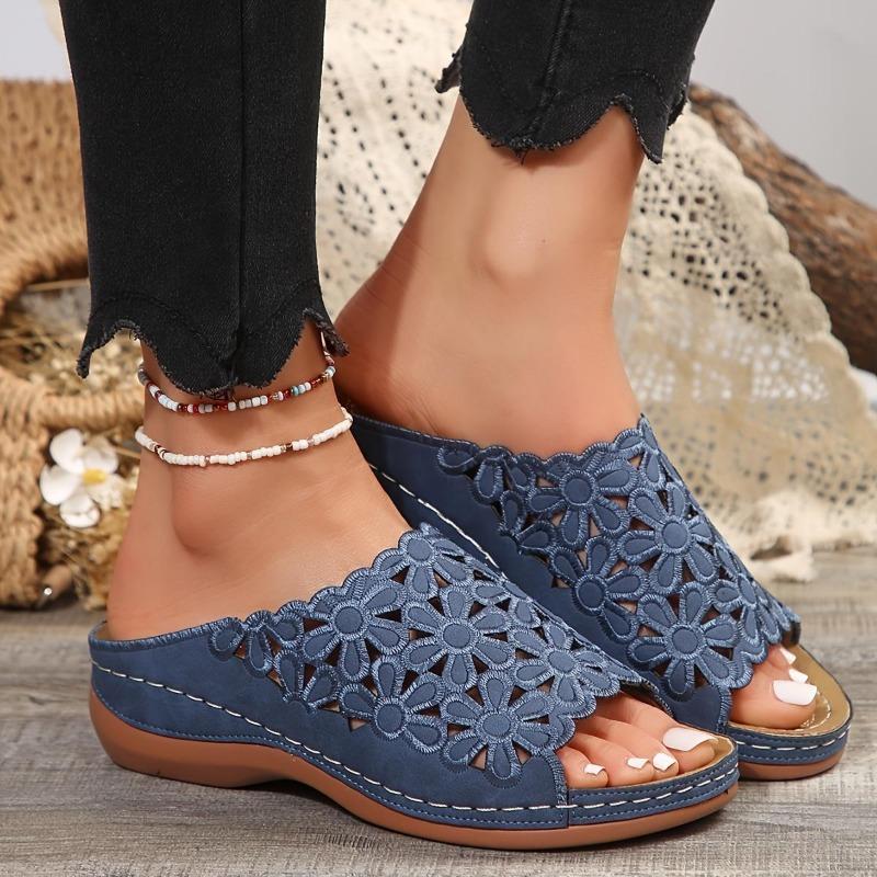 Ladies, Floral Design, Comfortable Sandals, Hollow, Thick Soled, Walking Shoes, Wedge Heel Slippers