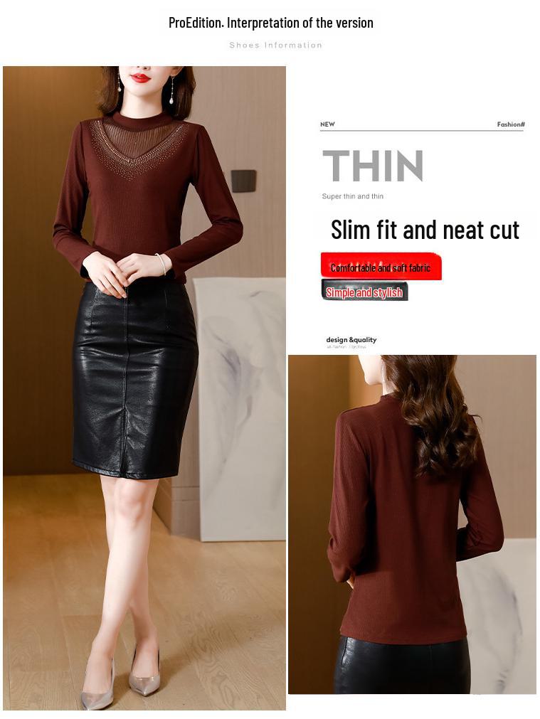 2023 Autumn/Winter Slim Half-High Collar Shirt with Stylish Hot Diamond Detailing