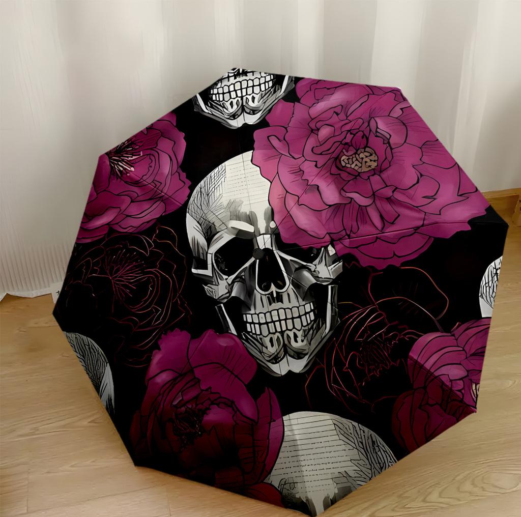 Skulls And Roses Artwork Portable Automatic Umbrella Retractable Design with 8-Rib Durability Durable Plastic & Iron Perfect for Outdoor Adventures