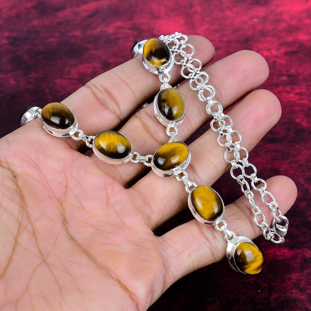 Tiger's Eye 925 Solid Sterling Silver Necklace Adjustable, Chain Necklace Handmade Gemstone, Gift For Mom Antique Jewelry