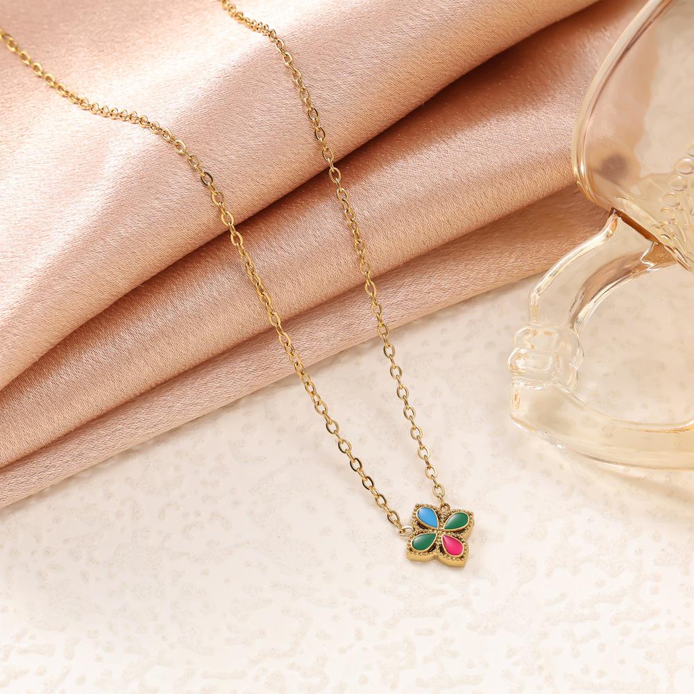 Colorful Four-Leaf Clover Titanium Steel Jewelry Set: Bracelet, Necklace & Stud Earrings