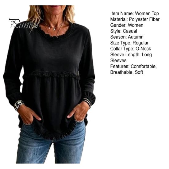 Autumn Outfit Women Fall O-Neck Shirt, Loose Fit Casual Fringe Blouse, Solid Long Sleeve Pullover Color Ruffle Top with Tassels Shirt