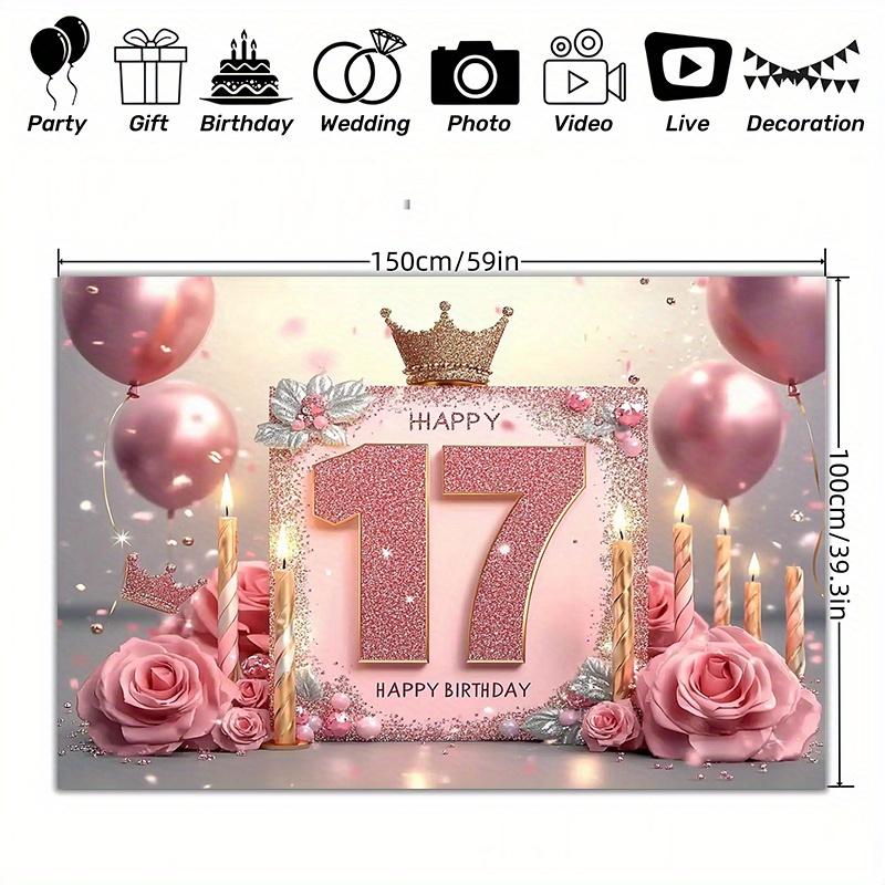 17th birthday party banner - The "Happy 17" design with pink and gold flashes, featuring balloons, roses and candles