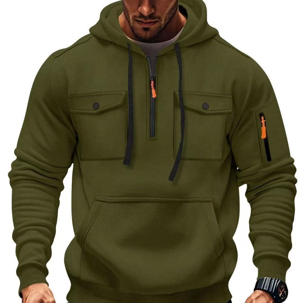 Men's hooded pocket zipper casual fleece hoodie solid color coat for autumn and winter