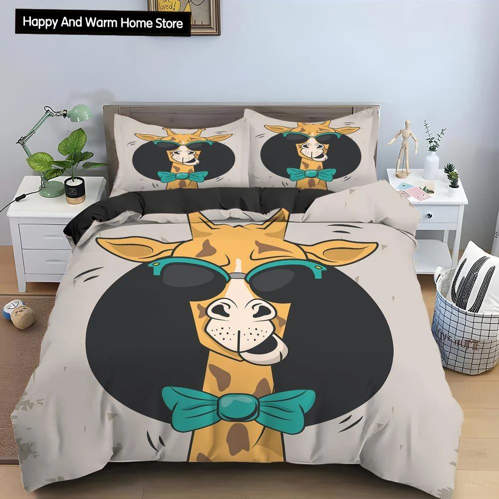 Cartoon Giraffe König Königin Bettbezug Jungen Mädchen Tier Bettwäsche Set Wildtiere Deckenbezug Polyester Bettdecke