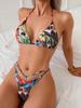 Tropical Print Halter Tie Backless Three Piece Bikini Elegant For Summer Beach Holiday