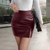 Autumn and Winter Fashion Glossy Sexy Hottie Slit Small A-swing High Waist Bag Hip PU Leather Miniskirt