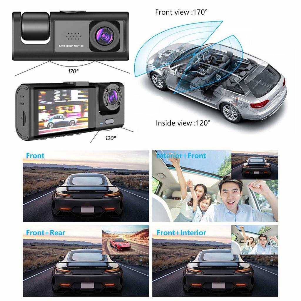 S1 Front + Rear + Interior 3 Lens Wide Angle 1080P HD Car DVR Dash Cam with Parking Monitor