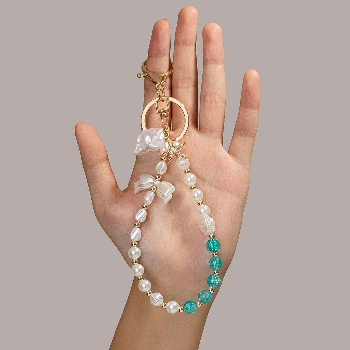 Ocean-style Imitation Pearl Shell Keychain with Starfish and Bow Ornament