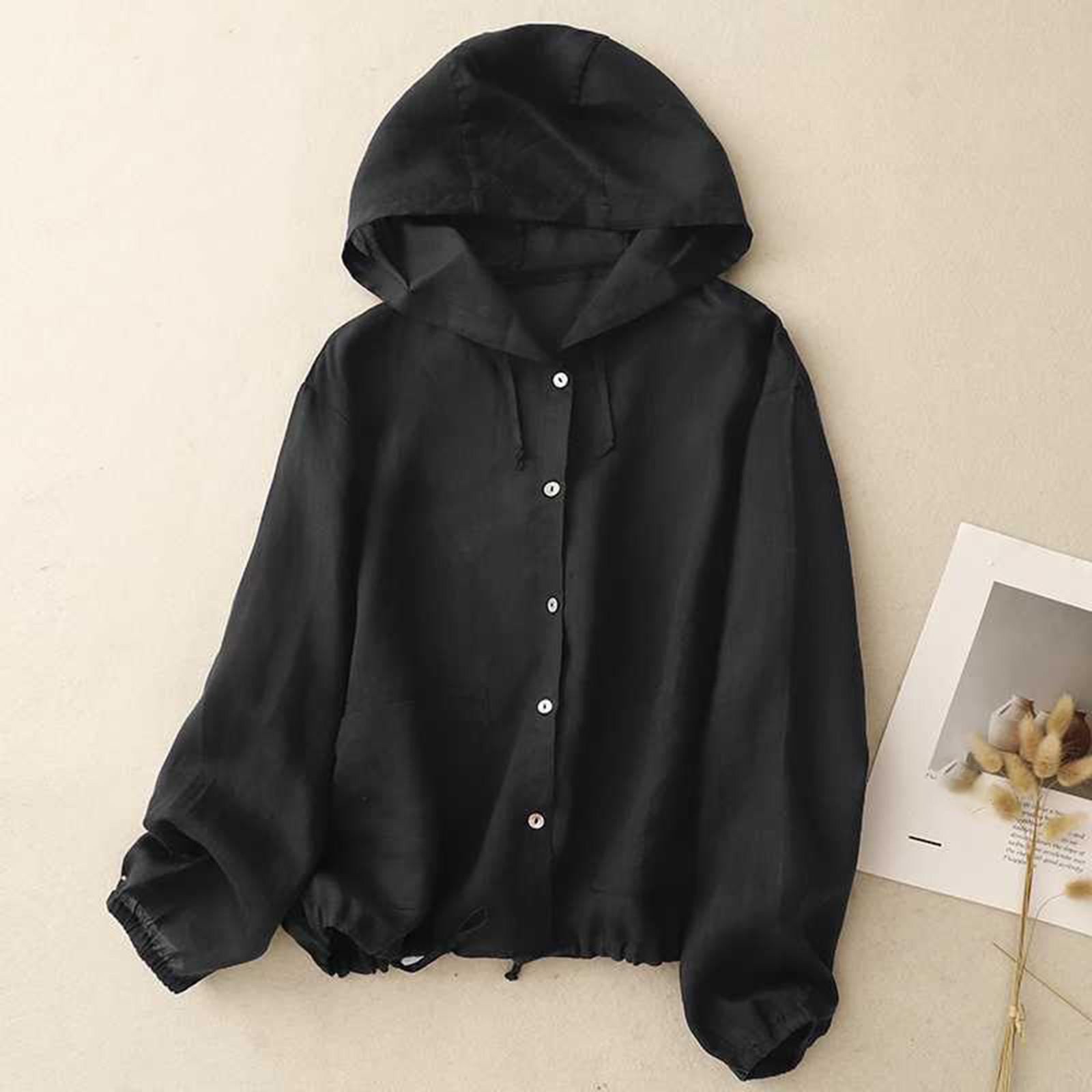 

Women s Lightweight Hooded Sun Protection Jacket Long Sleeve Button Front Cardigan with Adjustable Hem and Elastic Cuffs for Outdoor Use L чёрный